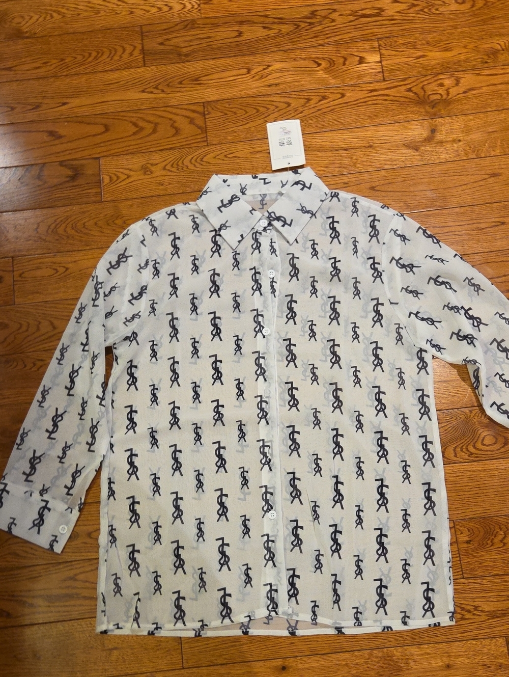 Men's White Button-Up Shirt with Navy Monogram Print